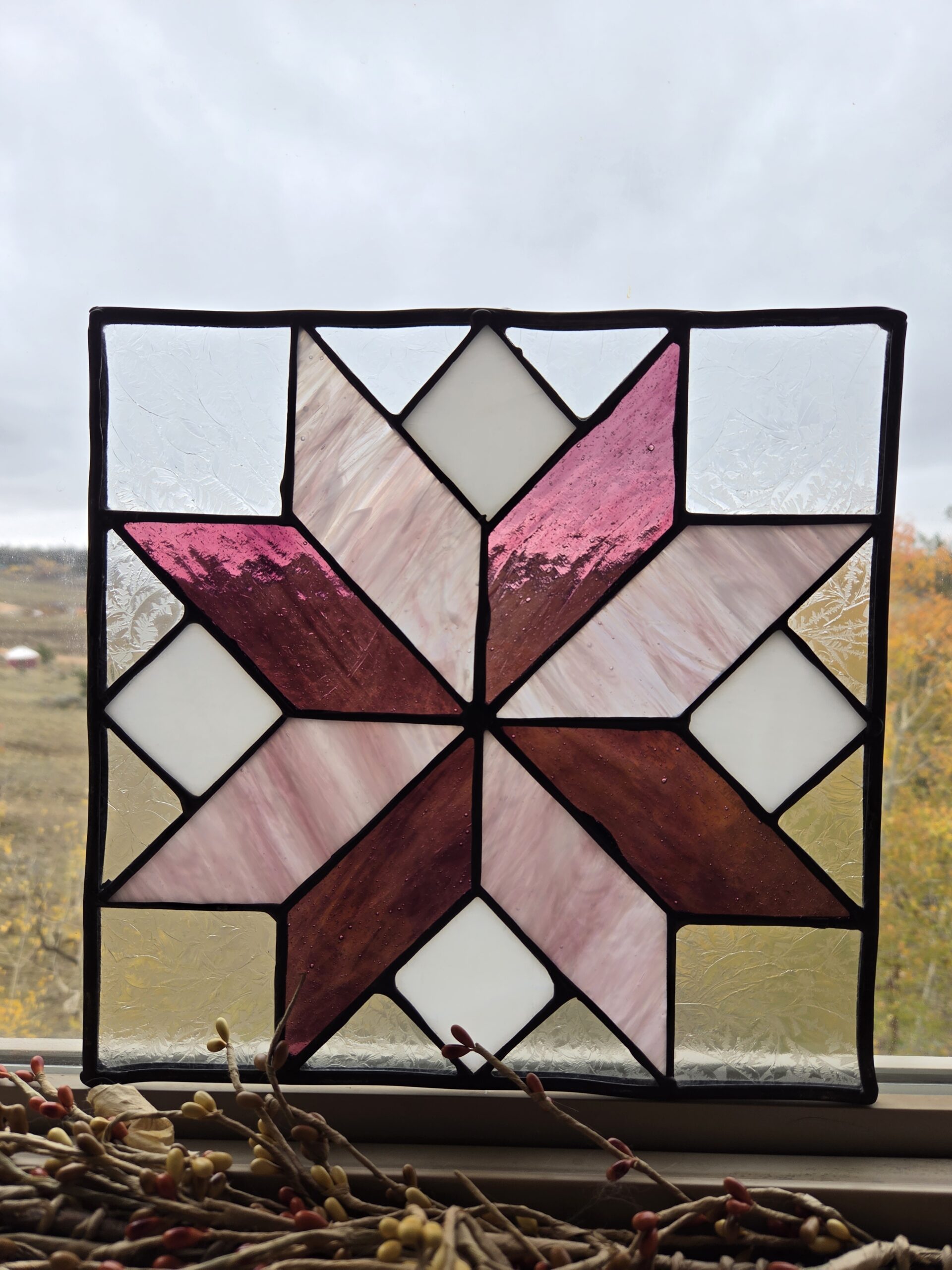 Pink & Purple Quilt Star Stained Glass Panel | 10 × 10 Inches