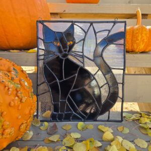 Black Cat Stained Glass Window Panel | 9 × 11 Inches