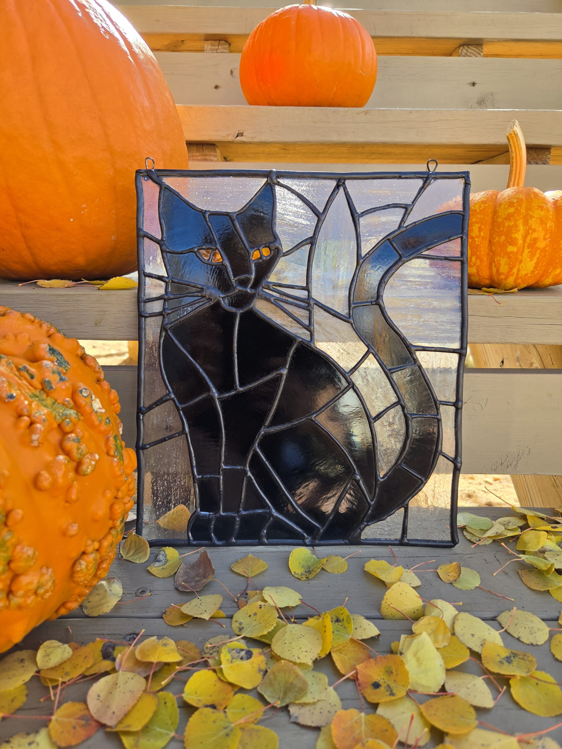 Black Cat Stained Glass Window Panel | 9 × 11 Inches