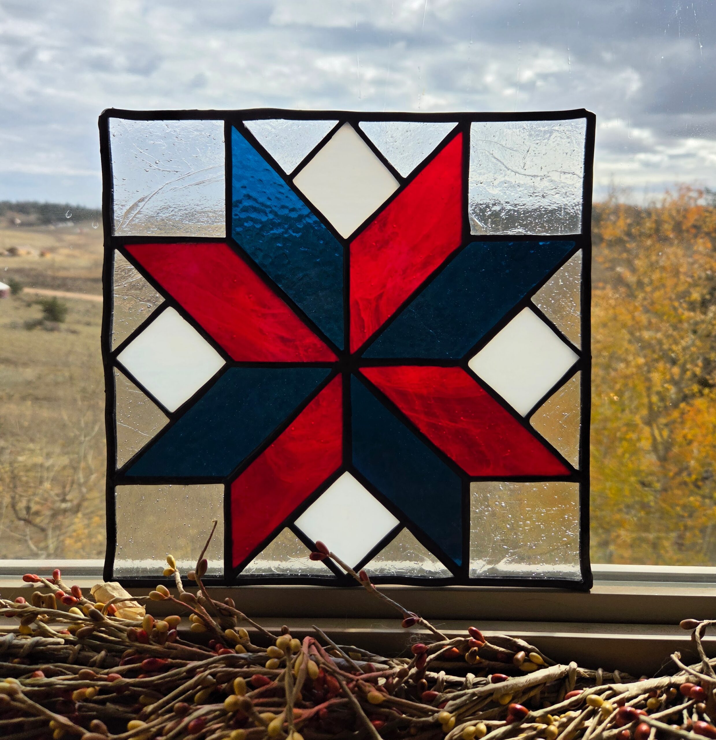 Red & Blue Quilt Star Stained Glass Panel